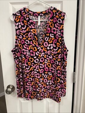 Sleeveless V-Neck Leopard Print Blouse - Black with Pink & Orange Spots